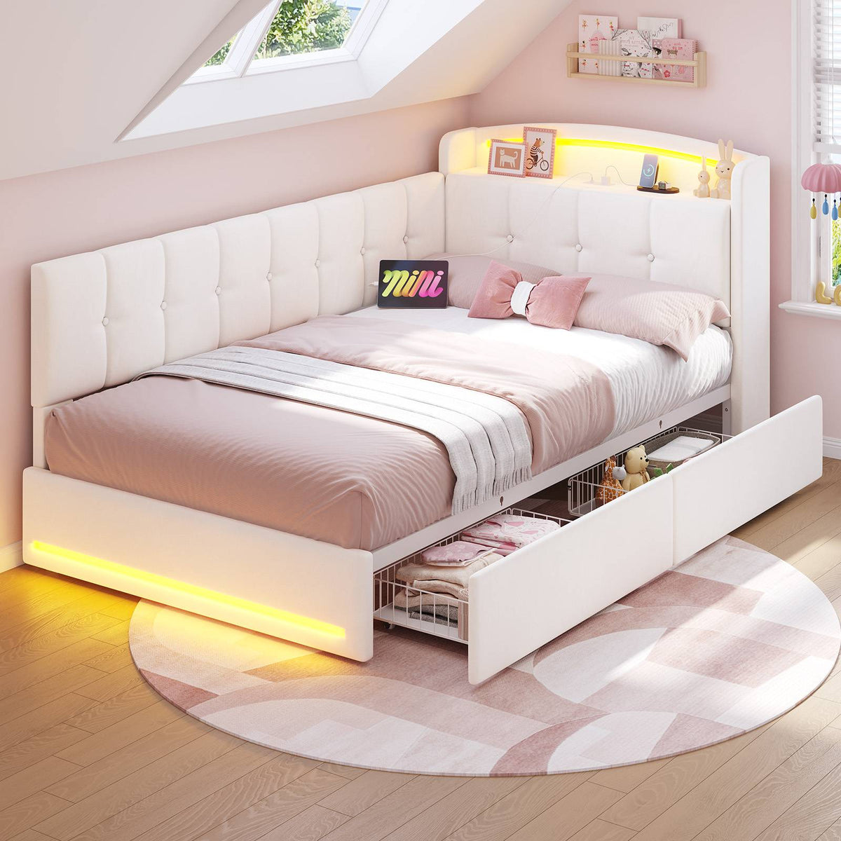 Hasuit | Corner Bed Frame with Storage Drawers and Power Outlet Velvet Upholstered Princess Bed with Hidden Storage Headboard & Safety Guardrails Beige