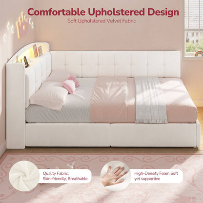 Hasuit | Corner Bed Frame with Storage Drawers and Power Outlet Velvet Upholstered Princess Bed with Hidden Storage Headboard & Safety Guardrails Beige