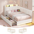 Hasuit | Corner Bed Frame with Storage Drawers and Power Outlet Velvet Upholstered Princess Bed with Hidden Storage Headboard & Safety Guardrails Beige
