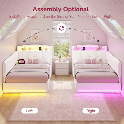 Hasuit | Corner Bed Frame with Storage Drawers and Power Outlet Velvet Upholstered Princess Bed with Hidden Storage Headboard & Safety Guardrails Beige
