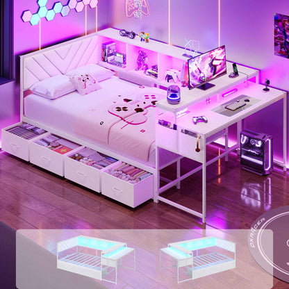 Hasuit | Corner Bed Frame with Desk and 4 Storage Bookcases Gaming Bed Frame with LED Light and Upholstered Headboard