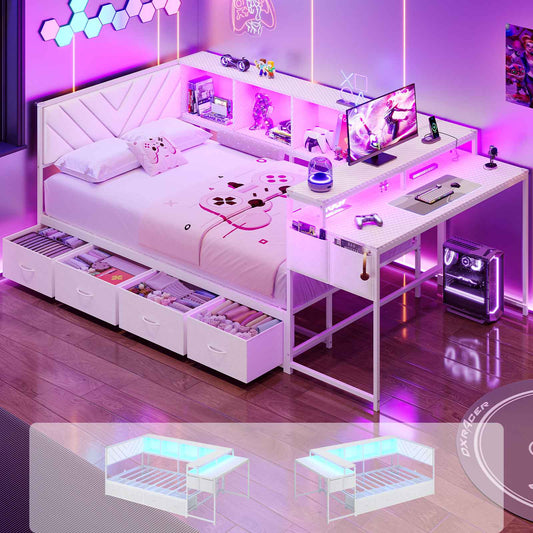 Hasuit | Corner Bed Frame with Desk and 4 Storage Bookcases Gaming Bed Frame with LED Light and Upholstered Headboard