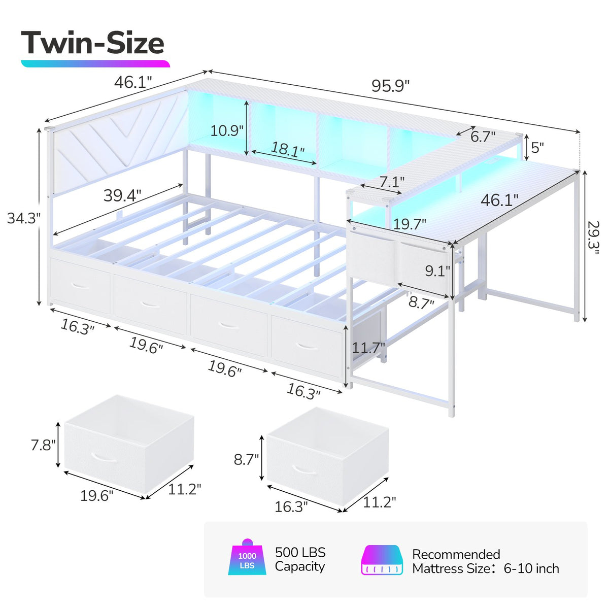 Hasuit | Corner Bed Frame with Desk and 4 Storage Bookcases Gaming Bed Frame with LED Light and Upholstered Headboard