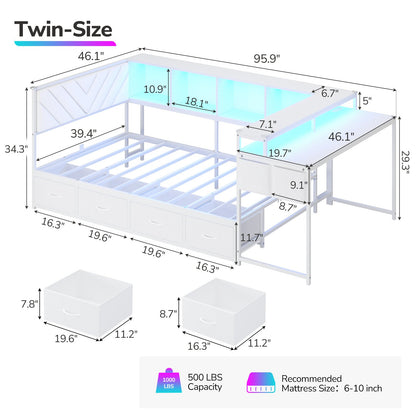 Hasuit | Corner Bed Frame with Desk and 4 Storage Bookcases Gaming Bed Frame with LED Light and Upholstered Headboard
