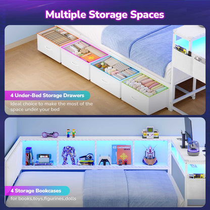 Hasuit | Corner Bed Frame with Desk and 4 Storage Bookcases Gaming Bed Frame with LED Light and Upholstered Headboard