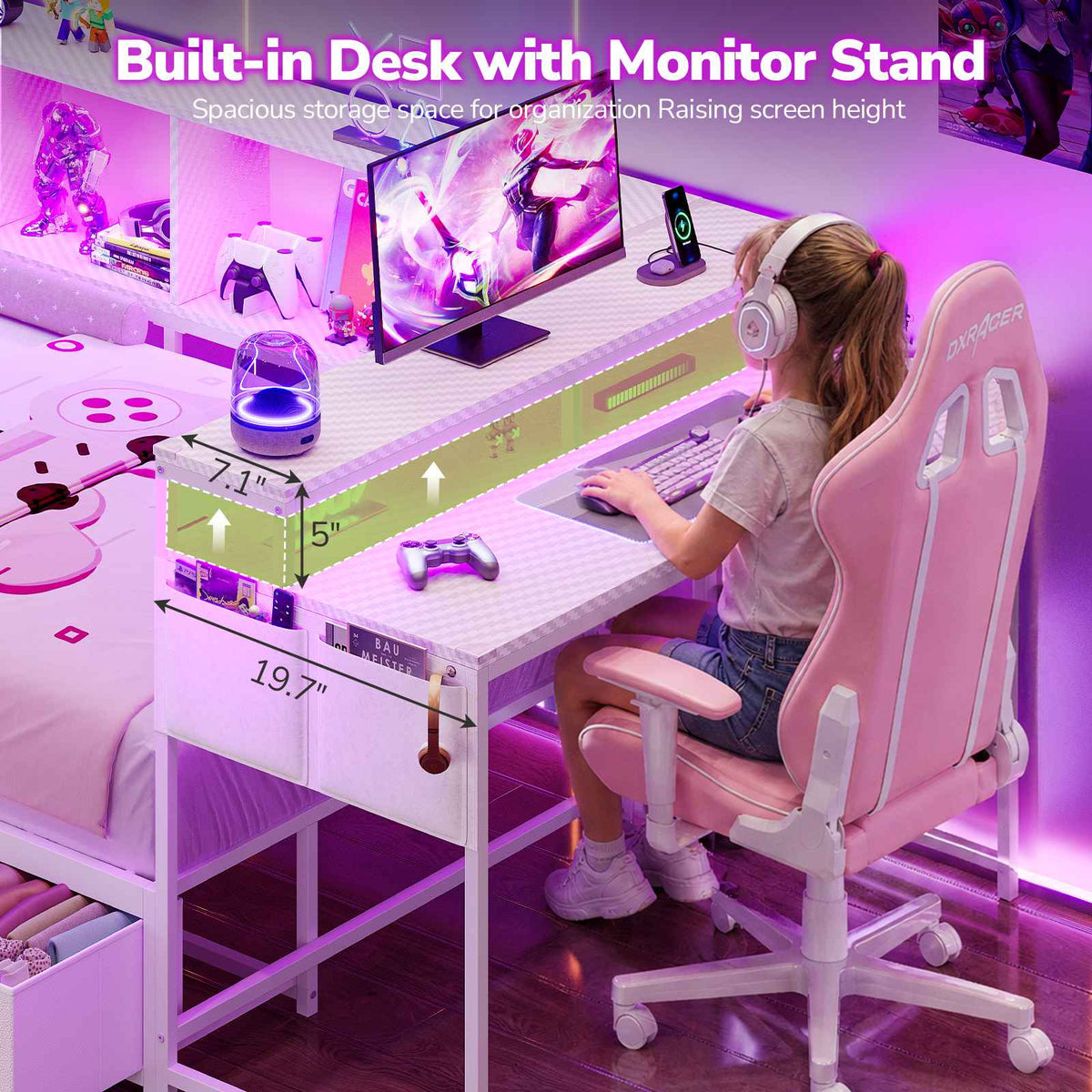 Hasuit | Corner Bed Frame with Desk and 4 Storage Bookcases Gaming Bed Frame with LED Light and Upholstered Headboard