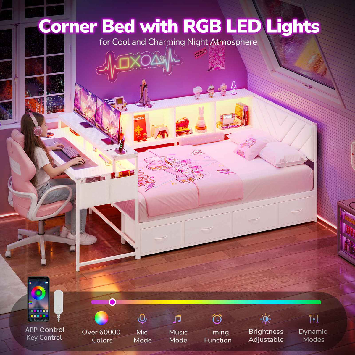 Hasuit | Corner Bed Frame with Desk and 4 Storage Bookcases Gaming Bed Frame with LED Light and Upholstered Headboard
