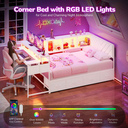 Hasuit | Corner Bed Frame with Desk and 4 Storage Bookcases Gaming Bed Frame with LED Light and Upholstered Headboard