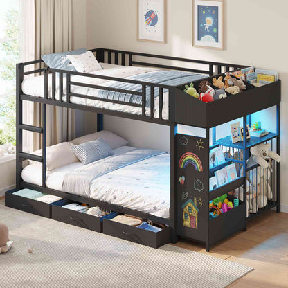 Hasuit | Bunk Bed Twin Over Twin with Doodle Board and Bookshelf Bunkbed with 3 Storage Drawers and Open Shelf