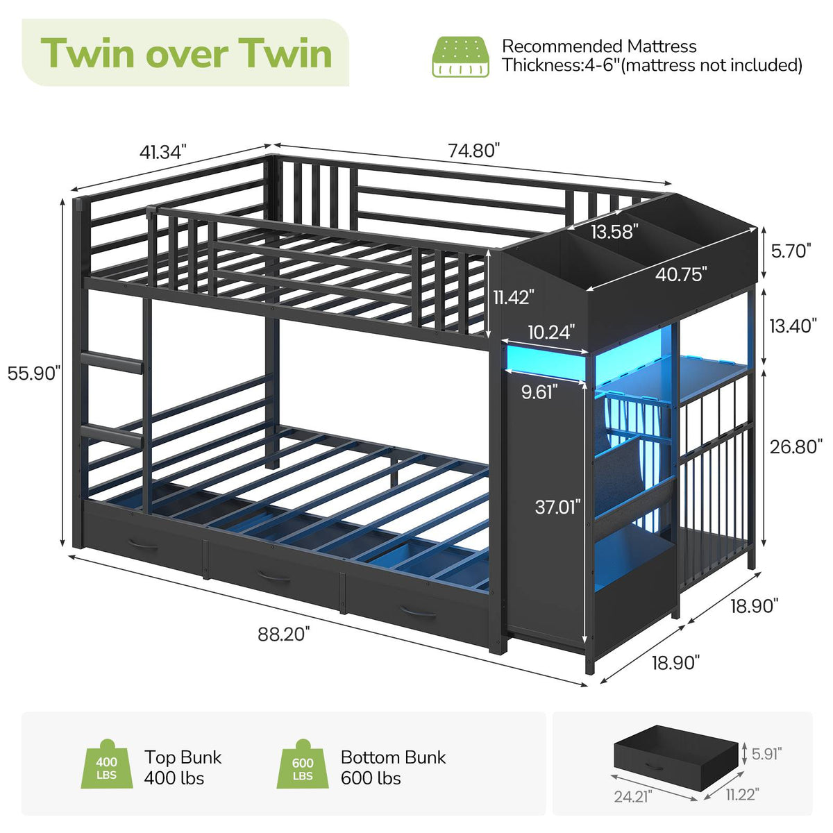 Hasuit | Bunk Bed Twin Over Twin with Doodle Board and Bookshelf Bunkbed with 3 Storage Drawers and Open Shelf