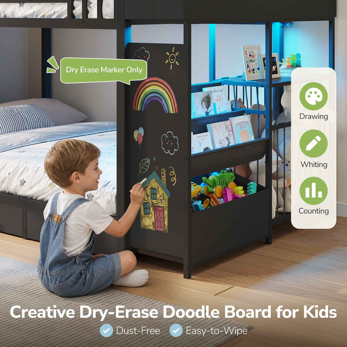 Hasuit | Bunk Bed Twin Over Twin with Doodle Board and Bookshelf Bunkbed with 3 Storage Drawers and Open Shelf