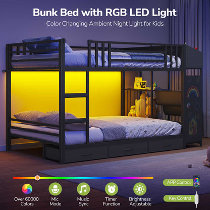 Hasuit | Bunk Bed Twin Over Twin with Doodle Board and Bookshelf Bunkbed with 3 Storage Drawers and Open Shelf