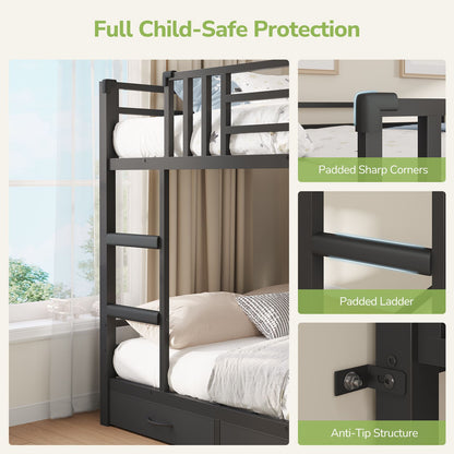 Hasuit | Bunk Bed Twin Over Twin with Doodle Board and Bookshelf Bunkbed with 3 Storage Drawers and Open Shelf