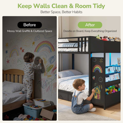 Hasuit | Bunk Bed Twin Over Twin with Doodle Board and Bookshelf Bunkbed with 3 Storage Drawers and Open Shelf