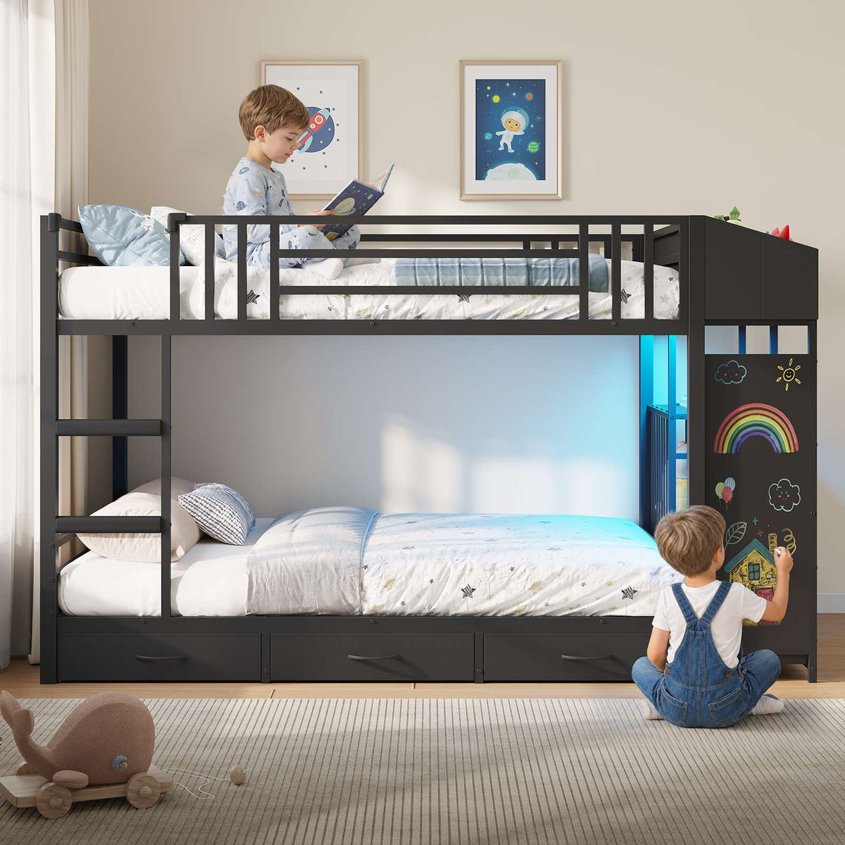 Hasuit | Bunk Bed Twin Over Twin with Doodle Board and Bookshelf Bunkbed with 3 Storage Drawers and Open Shelf