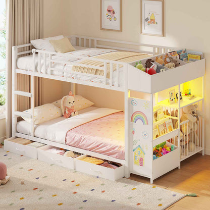 Hasuit | Bunk Bed Twin Over Twin with Doodle Board and Bookshelf Bunkbed with 3 Storage Drawers and Open Shelf