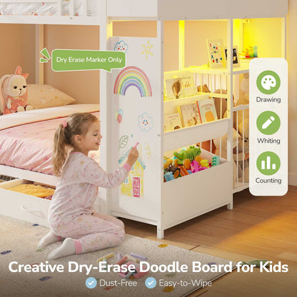 Hasuit | Bunk Bed Twin Over Twin with Doodle Board and Bookshelf Bunkbed with 3 Storage Drawers and Open Shelf