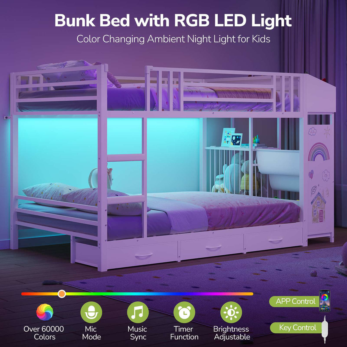 Hasuit | Bunk Bed Twin Over Twin with Doodle Board and Bookshelf Bunkbed with 3 Storage Drawers and Open Shelf