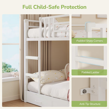 Hasuit | Bunk Bed Twin Over Twin with Doodle Board and Bookshelf Bunkbed with 3 Storage Drawers and Open Shelf