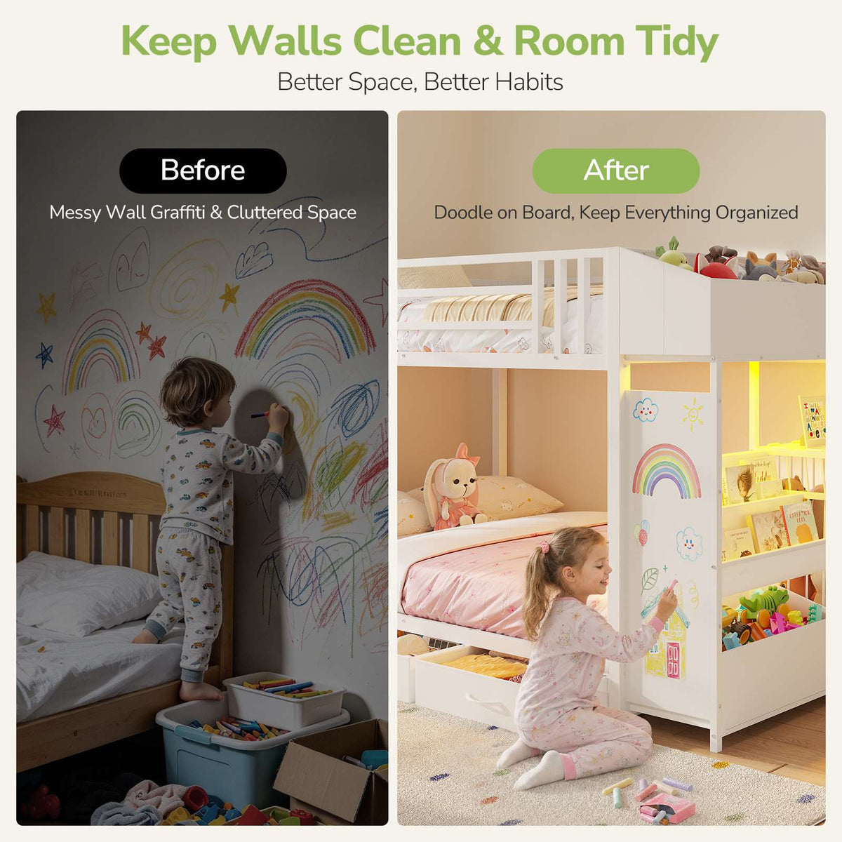 Hasuit | Bunk Bed Twin Over Twin with Doodle Board and Bookshelf Bunkbed with 3 Storage Drawers and Open Shelf