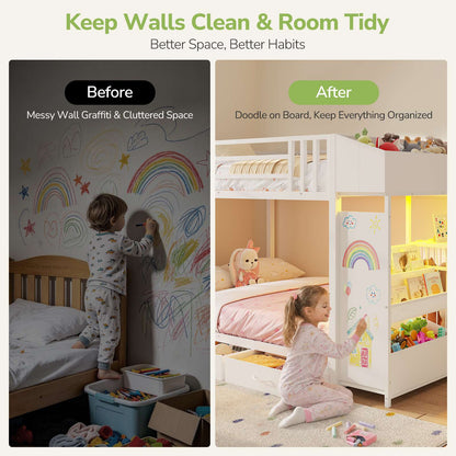 Hasuit | Bunk Bed Twin Over Twin with Doodle Board and Bookshelf Bunkbed with 3 Storage Drawers and Open Shelf