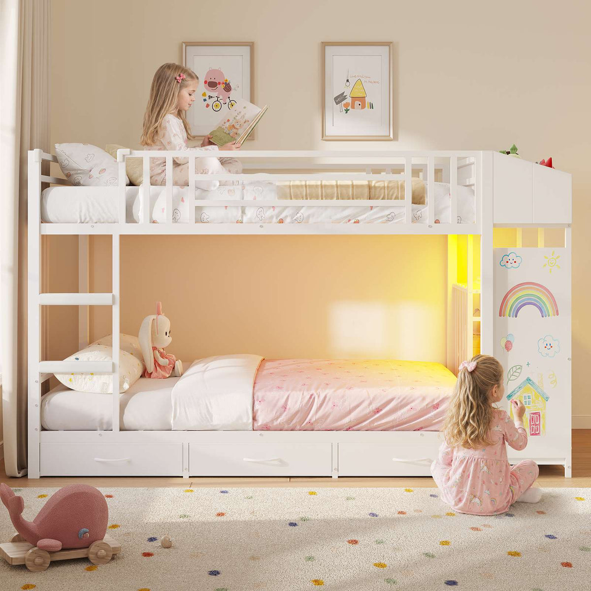 Hasuit | Bunk Bed Twin Over Twin with Doodle Board and Bookshelf Bunkbed with 3 Storage Drawers and Open Shelf