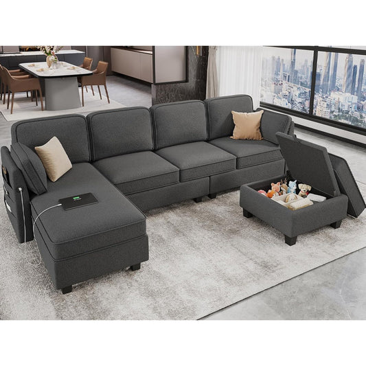 Hasuit 113'' U Shaped  Sectional Sofa with Storage Seats Comfy  with USB Dark Grey