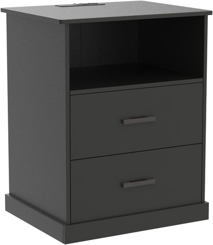 Hasuit Night Stand Set of 2 with Charging Station, Large Nightstands with Storage Drawers and Open Cubby, Black Bedside Side End Table for Home Office, Wider Tabletop 19.0'' x 15.0''
