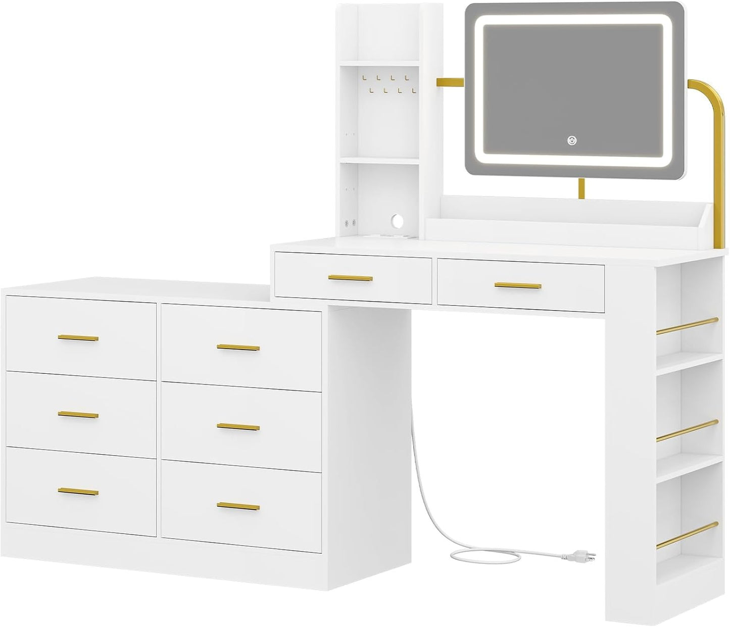 Hasuit White LED Makeup Dressing Vanity Table with Mirror and Charging Station & Drawers Tabletop Shelves
