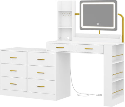 Hasuit White LED Makeup Dressing Vanity Table with Mirror and Charging Station & Drawers Tabletop Shelves