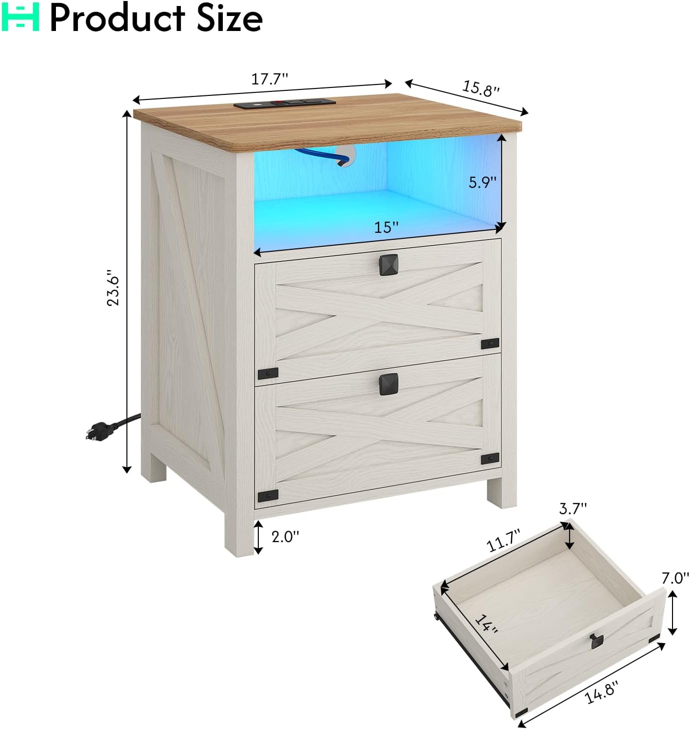 Hasuit Farmhouse Night Stand for Bedroom, Rustic Vintage White Nightstand with Charging Station and LED Lights, Bedside Table with 2 Drawers and Open Cubby, Retro Side End Side with Storage