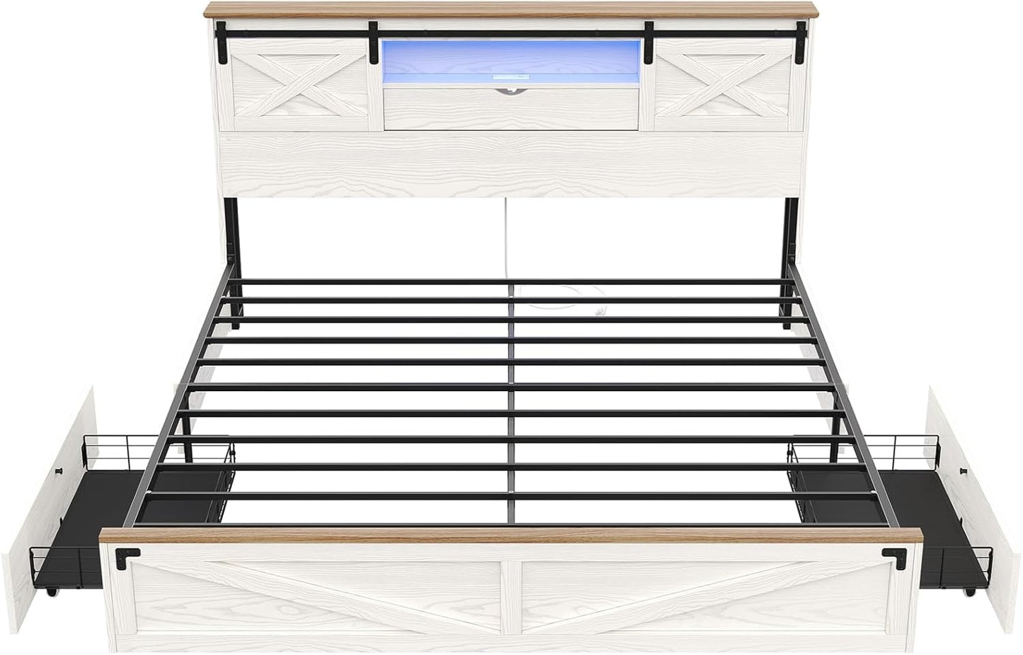 LED Farmhouse Wooden Platform Bed Frame With Charging Station 2 Drawers White