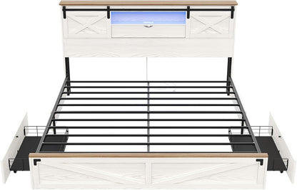LED Farmhouse Wooden Platform Bed Frame With Charging Station 2 Drawers White