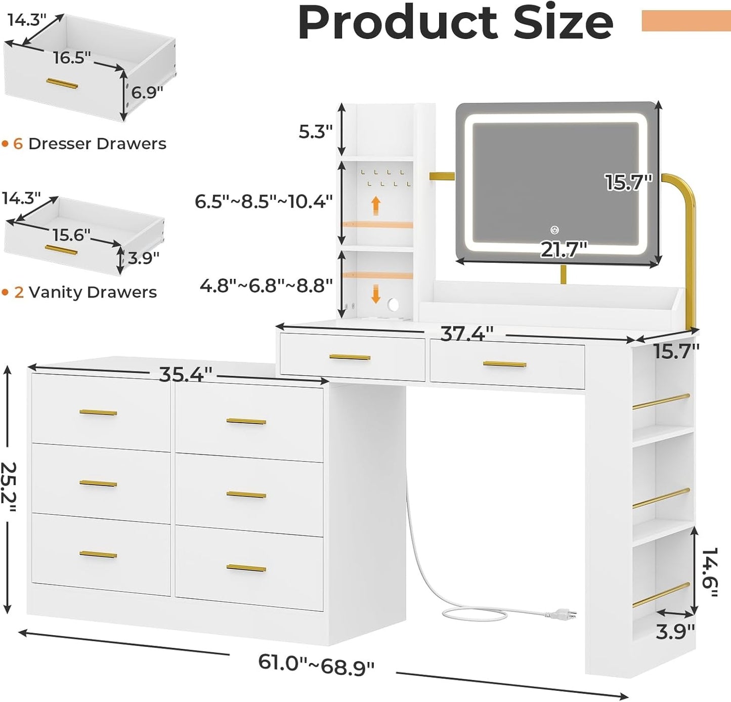 Hasuit White LED Makeup Dressing Vanity Table with Mirror and Charging Station & Drawers Tabletop Shelves