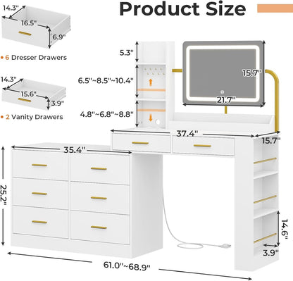 Hasuit White LED Makeup Dressing Vanity Table with Mirror and Charging Station & Drawers Tabletop Shelves