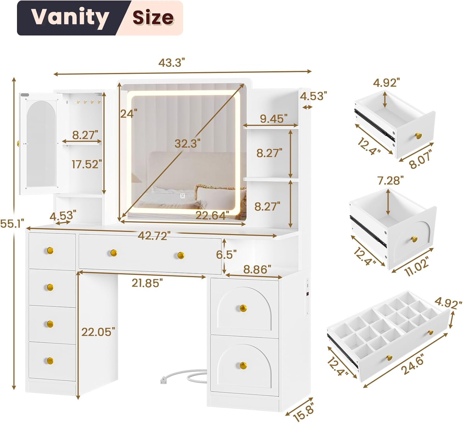 Hasuit White Vanity Desk with Mirror and LED Lights, Large Makeup Vanity Desk with 7 Drawers, Storage Shelves and RGB Glass Cabinet, Dressing Table for Bedroom with Charging Station, Lights Adjustable