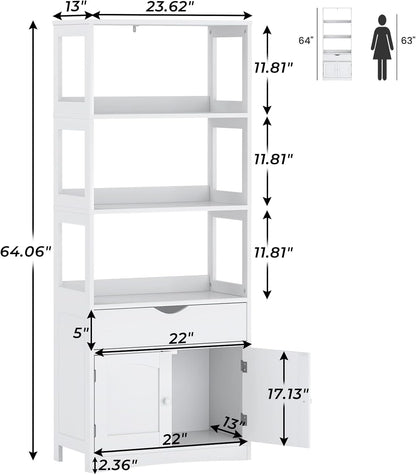 DICTAC Kitchen Pantry Storage Cabinets Freestanding Tall Bathroom Cabinet with Shelves and Drawer 64''H Sideboard Microwave Space Cupboard Organizer for Home Office,White, 23.62x13x64.06inch