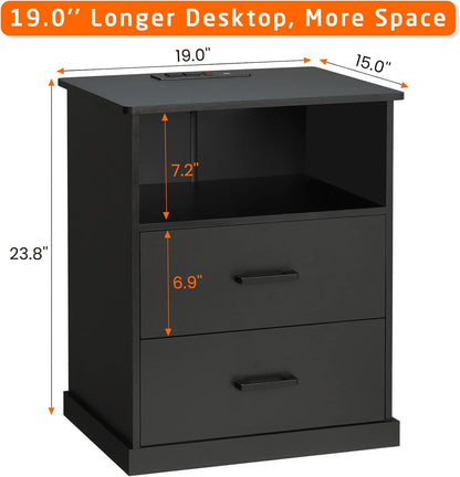 Hasuit Night Stand Set of 2 with Charging Station, Large Nightstands with Storage Drawers and Open Cubby, Black Bedside Side End Table for Home Office, Wider Tabletop 19.0'' x 15.0''