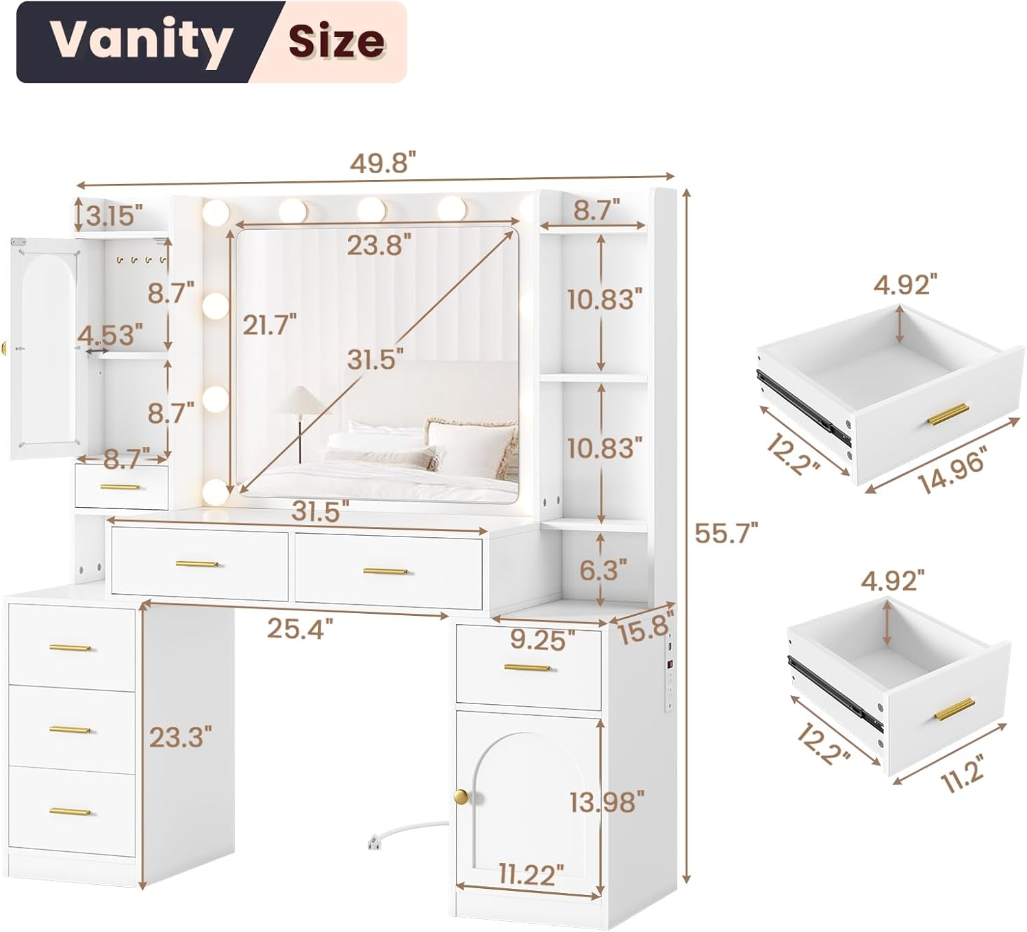 Hasuit Makeup Vanity Desk with Lighted Mirror & RGB Glass Cabinet, 49.8"W Large Vanity Desk with 7 Drawers, Shelves, Side Cabinet, White Bedroom Dressing Table with Charging Station, Lights Adjustable