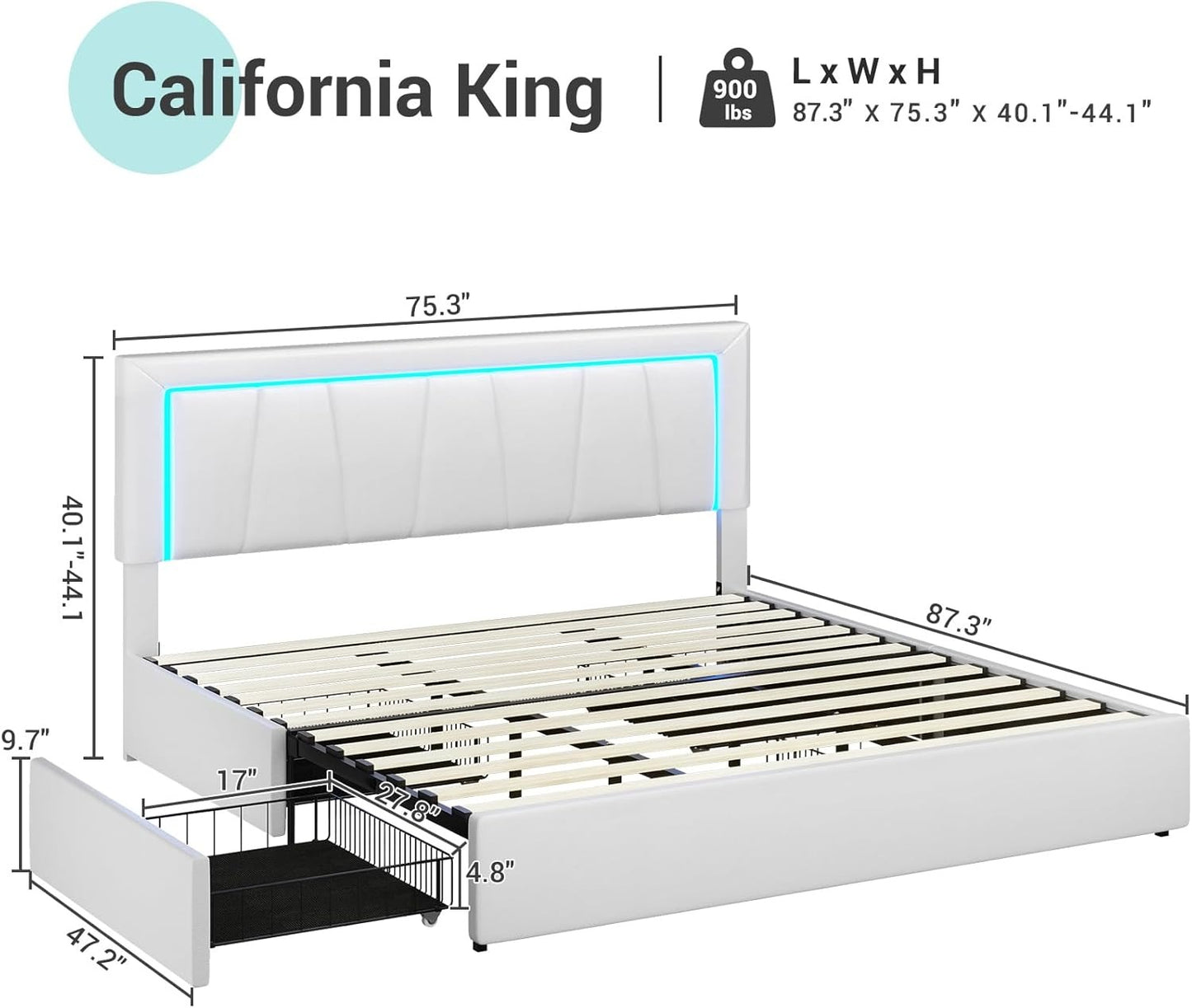 4 Drawers Faux Leather Upholstered Platform Bed Frame with LED Headboard White