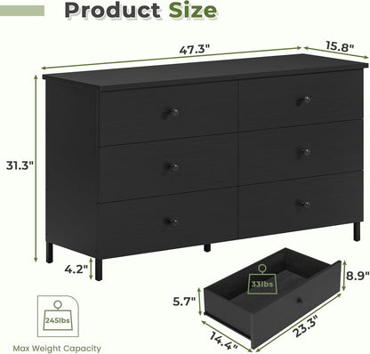 Hasuit 6 Drawers Double Dresser, Wooden Dressers with Heavy Sturdy Steel Frame, Large Capacity Storage Chest of Drawers, Black Dresser for Bedroom, Living Room, Entryway