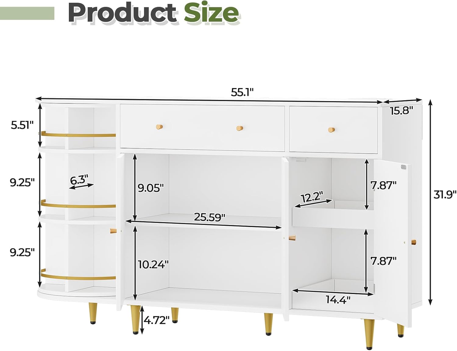 DICTAC White Buffet Cabinet with Storage and Power Outlets, 55" Large Modern Kitchen Sideboard Buffet with Drawers, Cabinet, Rotating Organizer, Trays, Wood Coffee Bar tation for Kitchen
