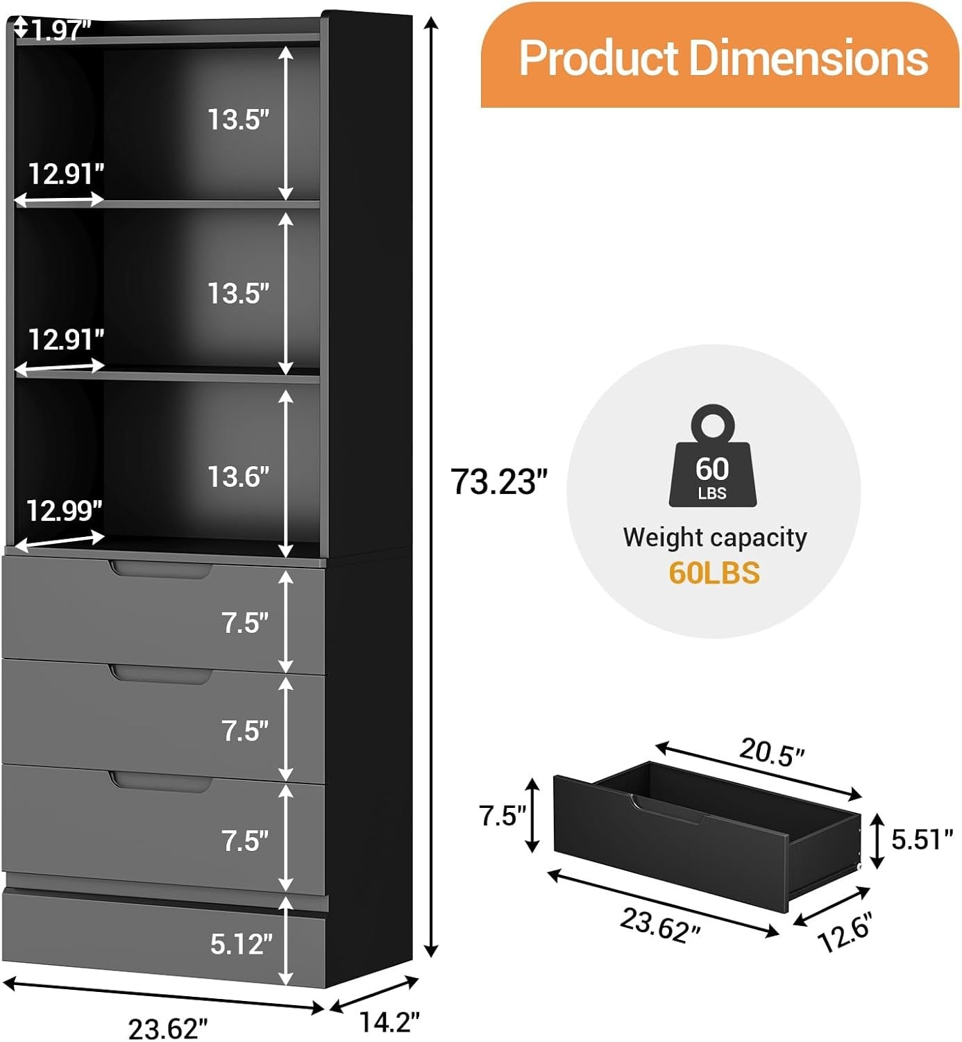 Hausuit Black Bathroom Cabinet with Drawers