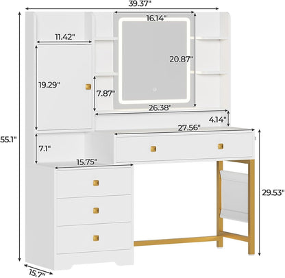 Makeup Vanity Desk with Mirror and LED Lights Charging Station Jewelry Cabinet