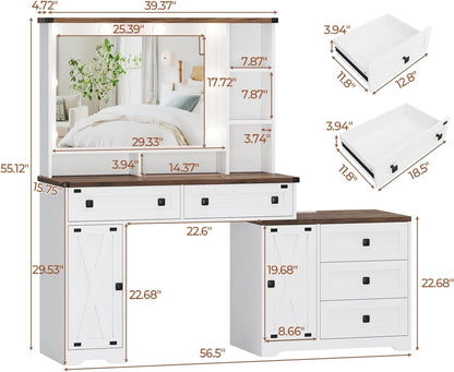 Hasuit 56.5 Inches Makeup Vanity Desk with Hollywood Mirror and Charging Station