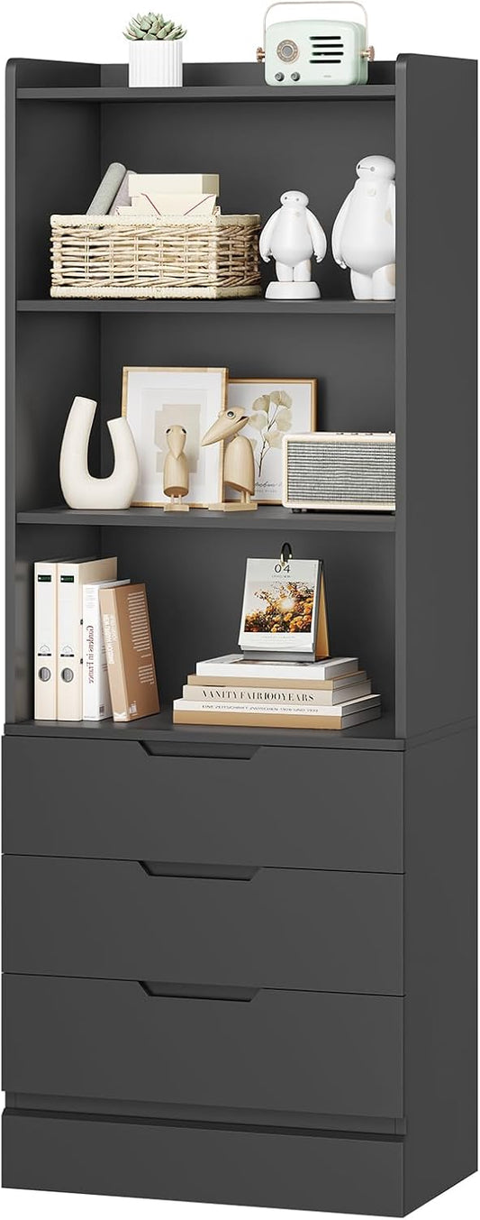DICTAC Bookcase with 3 Drawers and Shelves 73.23'' Tall Bookshelf with Storage Modern Display Storage Shelves Freestanding Storage Organizer for Home Office,Kitchen,Living Room,Study,Bathroom,Black