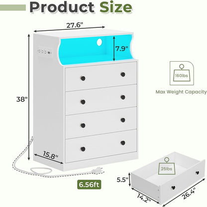 Hasuit White Dresser with Charging Station, LED Dresser with 4 Large Drawers, Chest of Drawers with Open Space, Large Capacity Tall Storage Cabinet, White Dressers for Bedroom