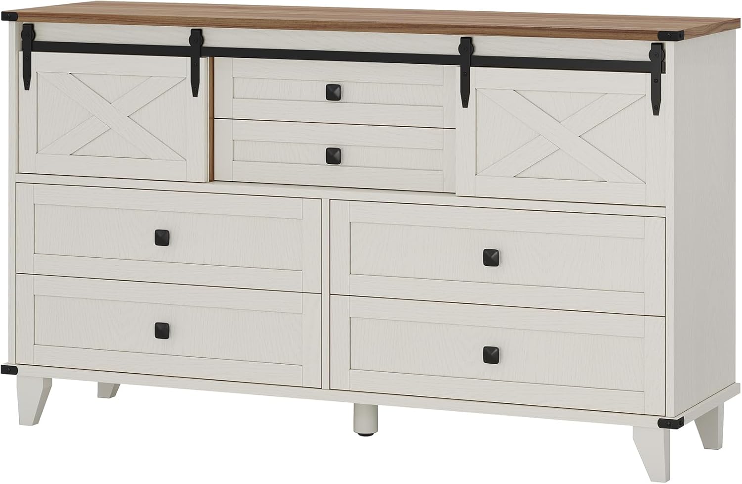 Hasuit Farmhouse 6 Drawer Dresser for Bedroom, Retro Chest of Drawers with Sliding Barn Door, Bedroom Long Storage Dressers Organizer, White