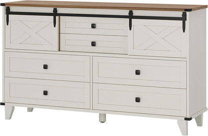 Hasuit Farmhouse 6 Drawer Dresser for Bedroom, Retro Chest of Drawers with Sliding Barn Door, Bedroom Long Storage Dressers Organizer, White