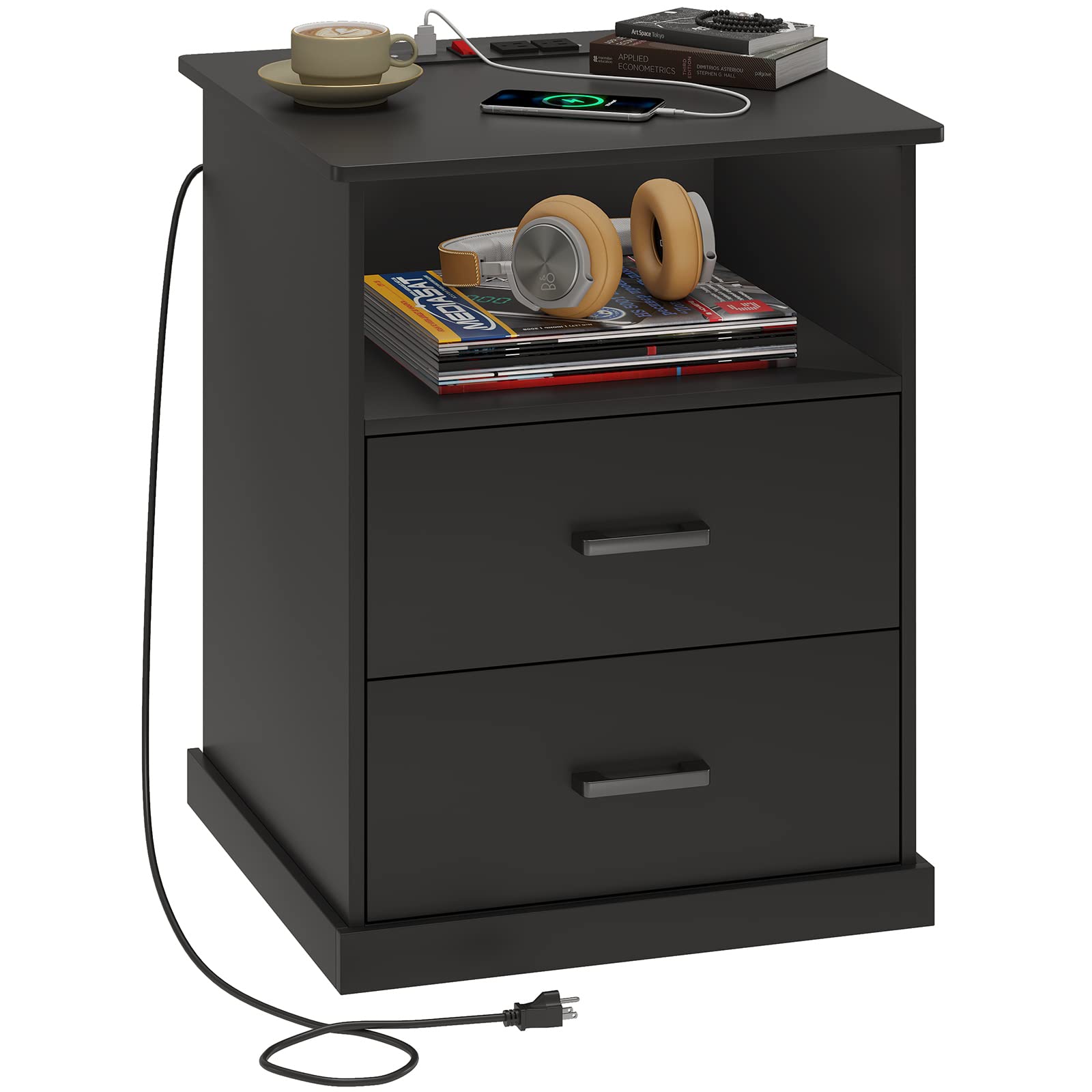 Hasuit Night Stand Set of 2 with Charging Station, Large Nightstands with Storage Drawers and Open Cubby, Black Bedside Side End Table for Home Office, Wider Tabletop 19.0'' x 15.0''